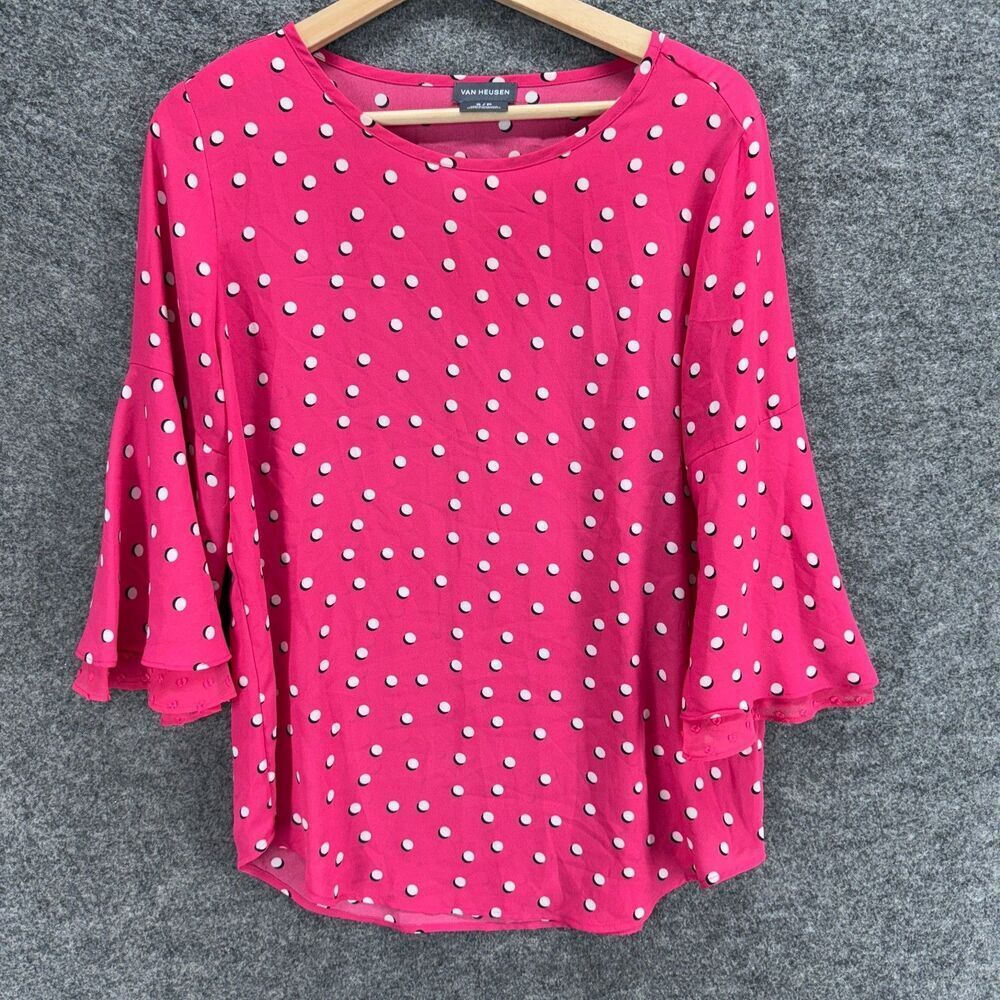 Van Heusen Blouse Women S Small Pink Polka Dot 3/4 Sleeve Round Neck Casual